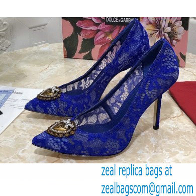 Dolce & Gabbana Heel 10.5cm Taormina Lace Pumps Blue with Devotion Heart 2021 - Click Image to Close